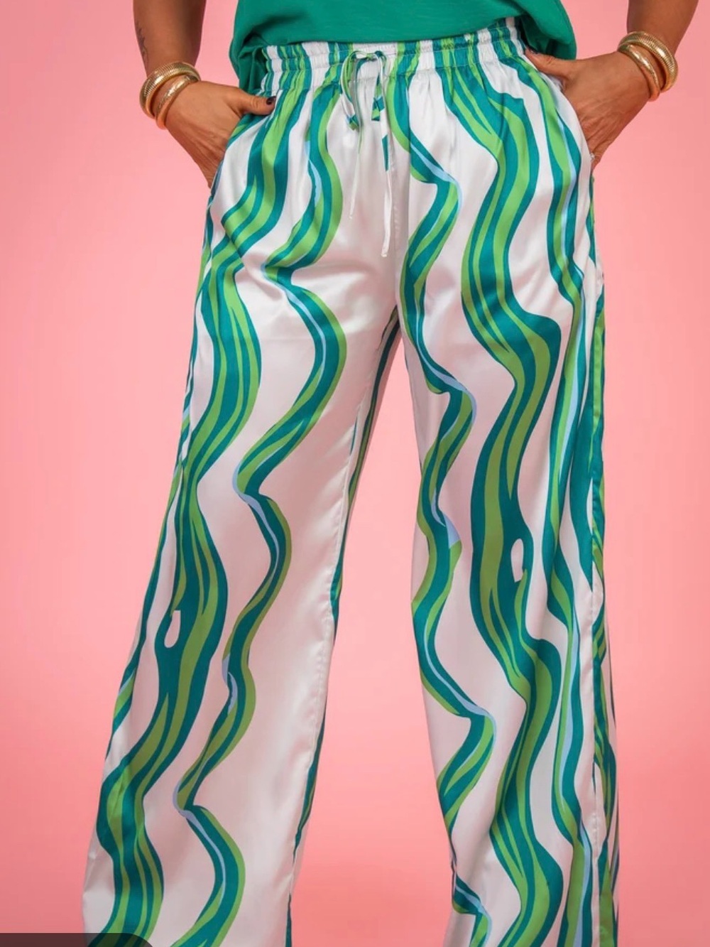 entro Green and Teal Wave-Print Satin pants